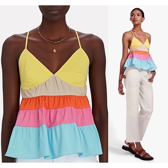 STAUD Colorblock Rainbow Stripe Sleeveless V-Neck Tiered Ruffle Babydoll Top S - Picture 2 of 13